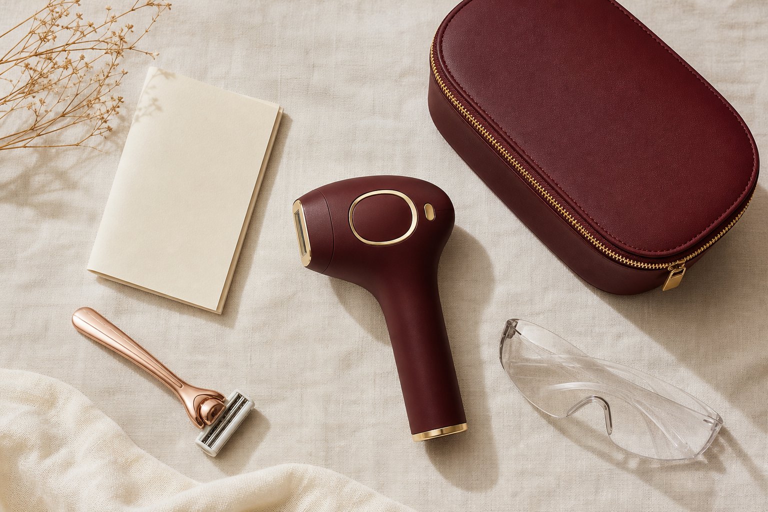 Flatlay of the YAQOOT PRO set: device, travel case, protective eyewear, razor and guide