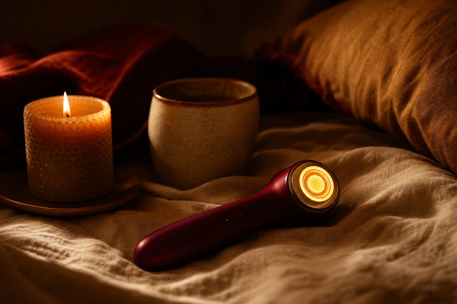 YAQOOT PRO glowing on a linen bedspread beside a lit candle and ceramic cup